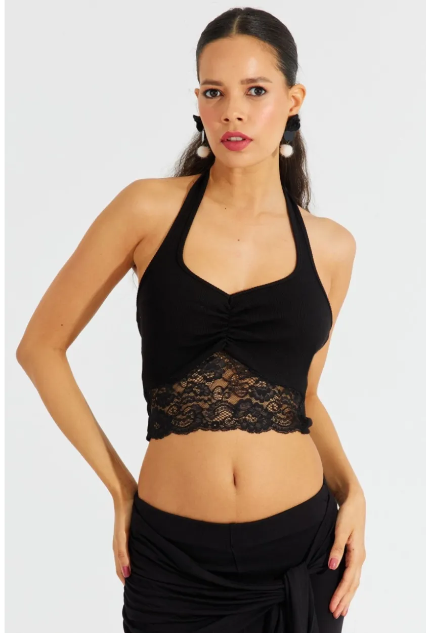Kadın Siyah Dantel Detaylı Crop Bluz B2549