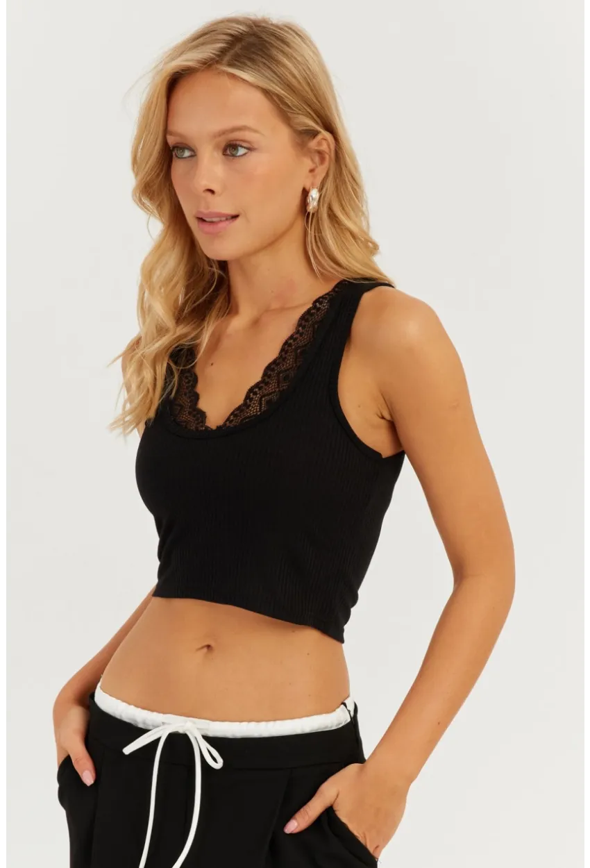 Kadın Siyah Dantel Detaylı Crop Bluz CY446