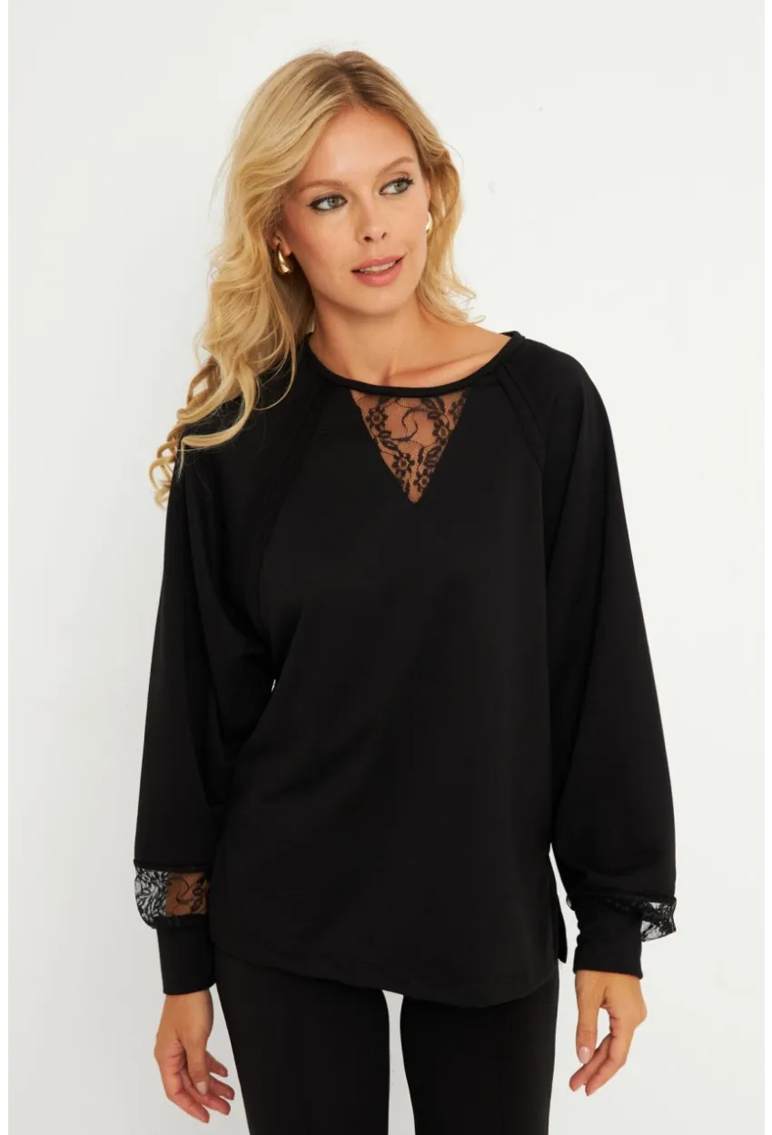 Kadın Siyah Dantel Detaylı Sweatshirt EY2906