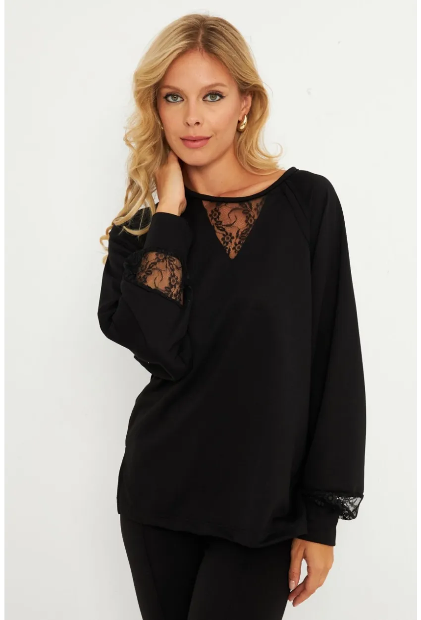 Kadın Siyah Dantel Detaylı Sweatshirt EY2906