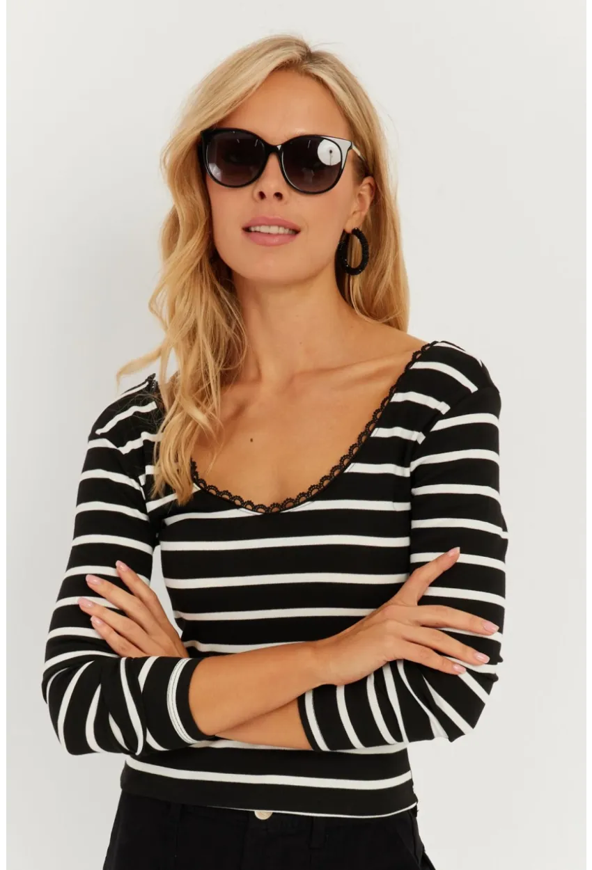 Kadın Siyah Dantel Ve Düğme Detaylı Bluz PP5363