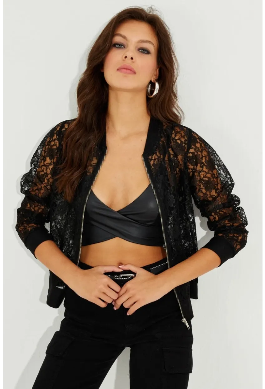 Kadın Siyah Dantelli Fermuarlı Bomber Ceket ST823