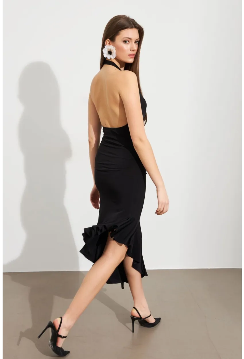 Kadın Siyah Degaje Asimetrik Midi Elbise İRE1436