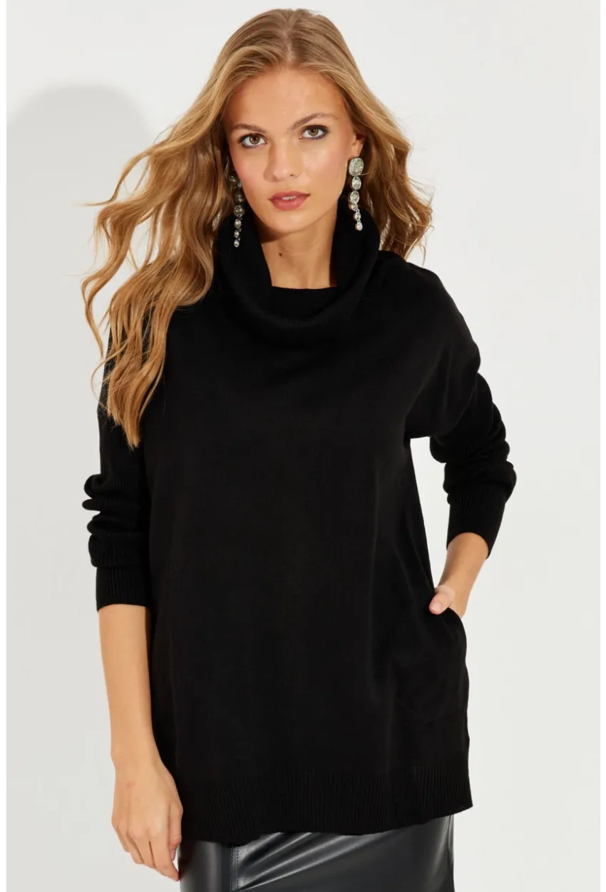 Kadın Siyah Degaje Yaka Cepli Triko Kazak YZ519