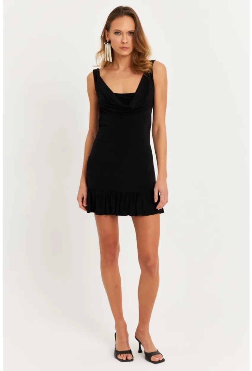 Kadın Siyah Degaje Yaka Mini Elbise HOR0078