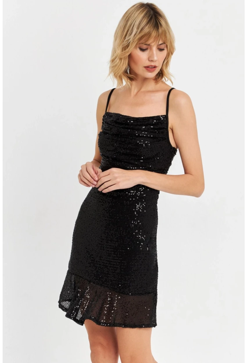 Kadın Siyah Degaje Yaka Pullu Mini Elbise DCF129