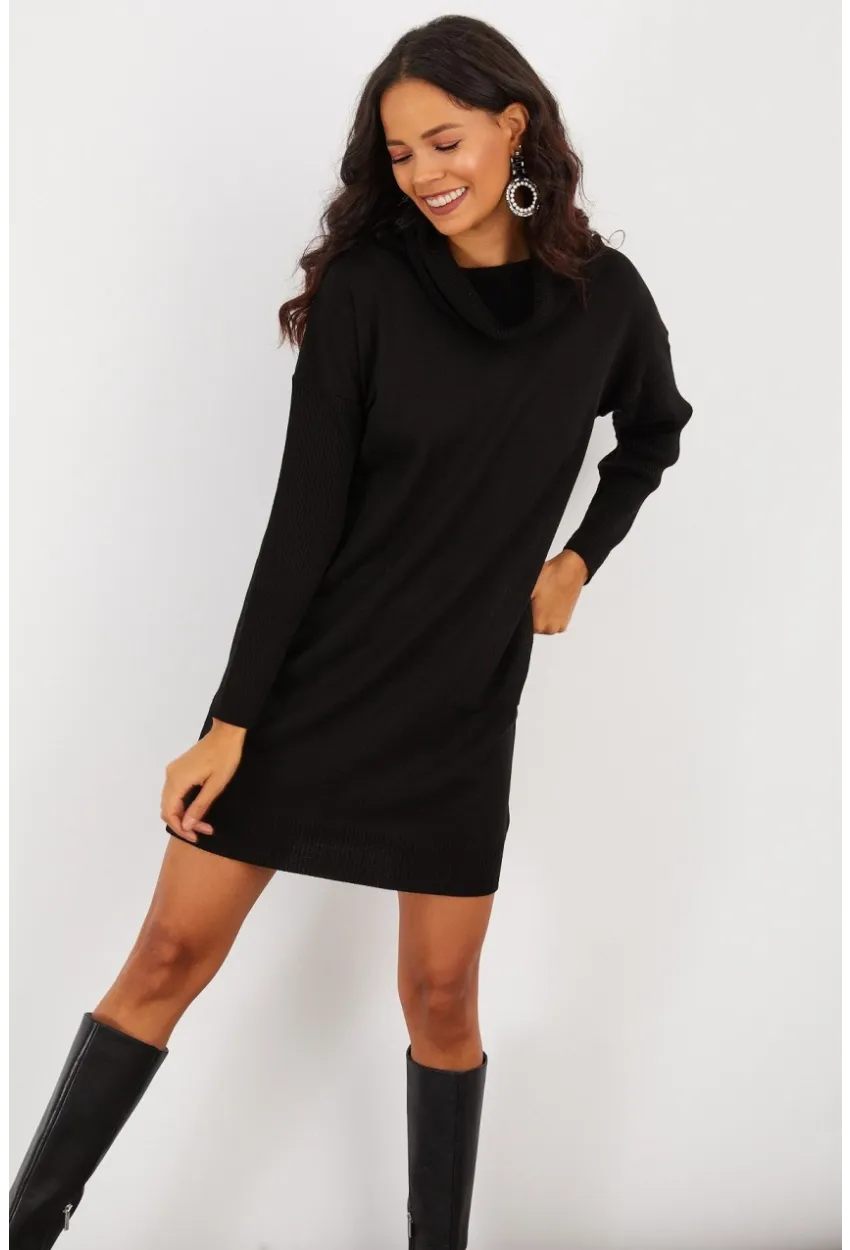 Kadın Siyah Degaje Yaka Triko Mini Elbise YV73