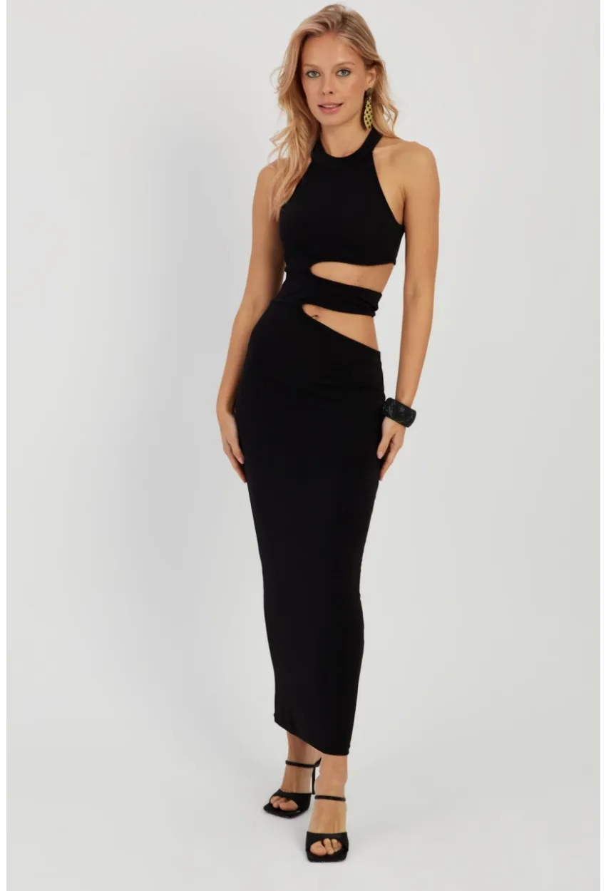 Kadın Siyah Dekolteli Maxi Elbise MEN2031