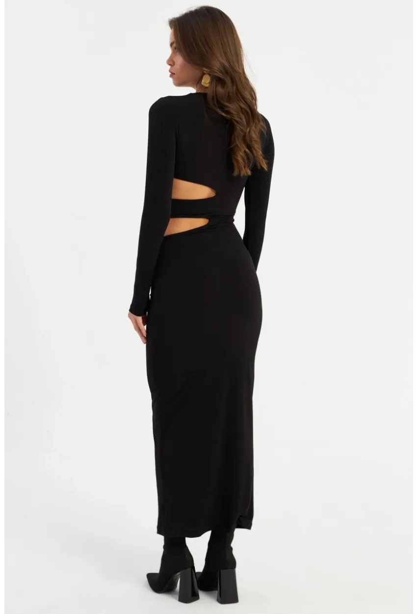 Kadın Siyah Dekolteli Maxi Yılbaşı Elbise LİK9