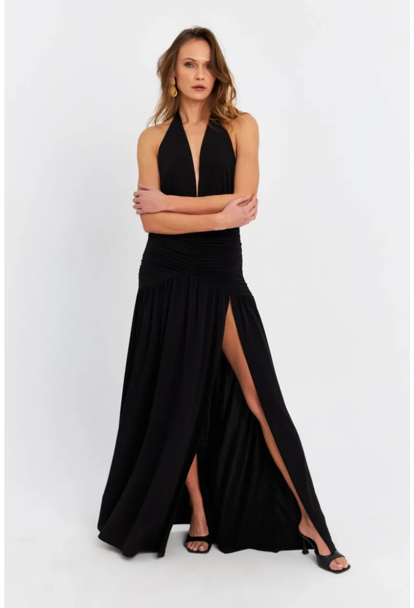 Kadın Siyah Derin Yırtmaçlı Büzgülü Midi Elbise B6008