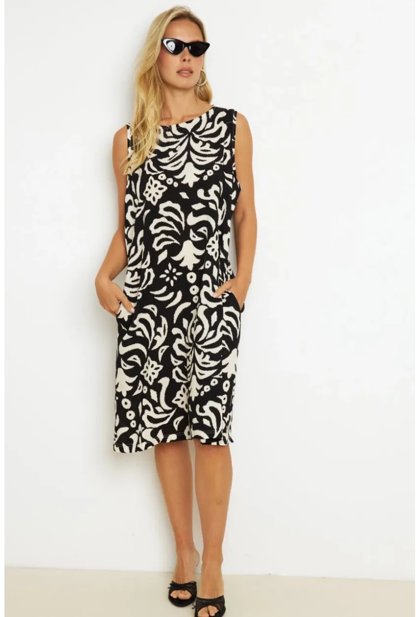 Kadın Siyah Desenli Cepli Midi Elbise YZ1059