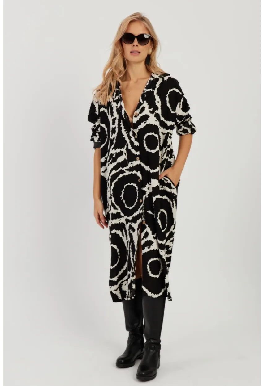 Kadın Siyah Desenli Gömlek Elbise LV174