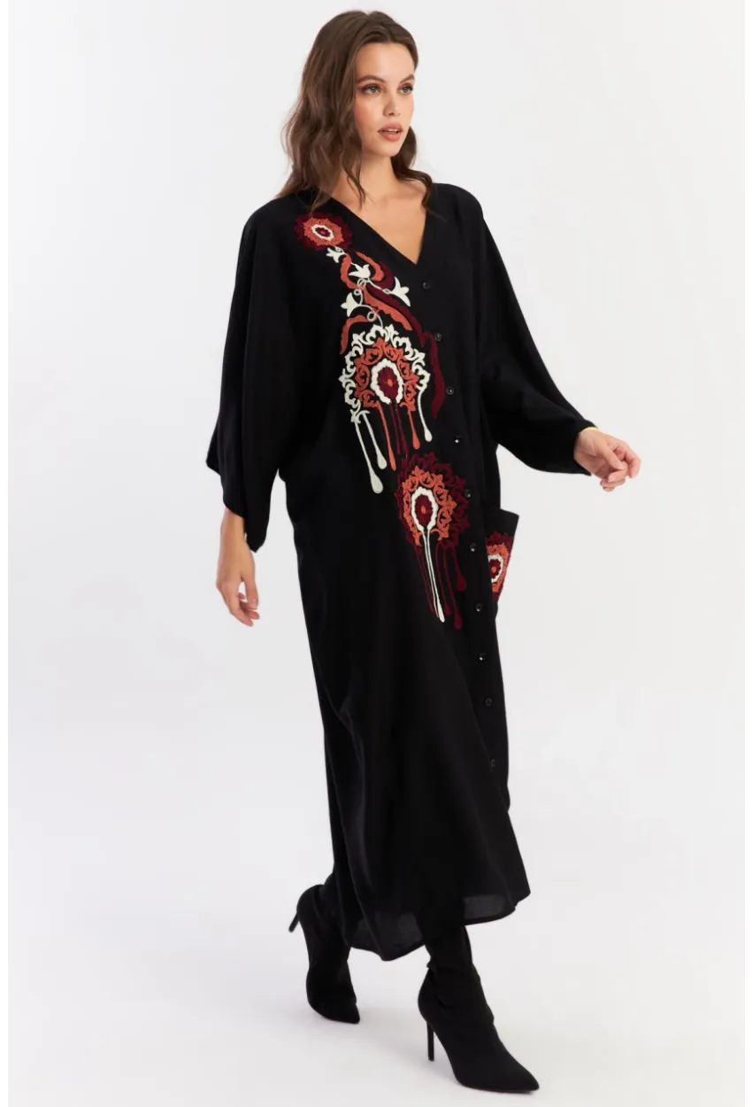 Kadın Siyah Desenli Maxi Dokuma Elbise ALO150