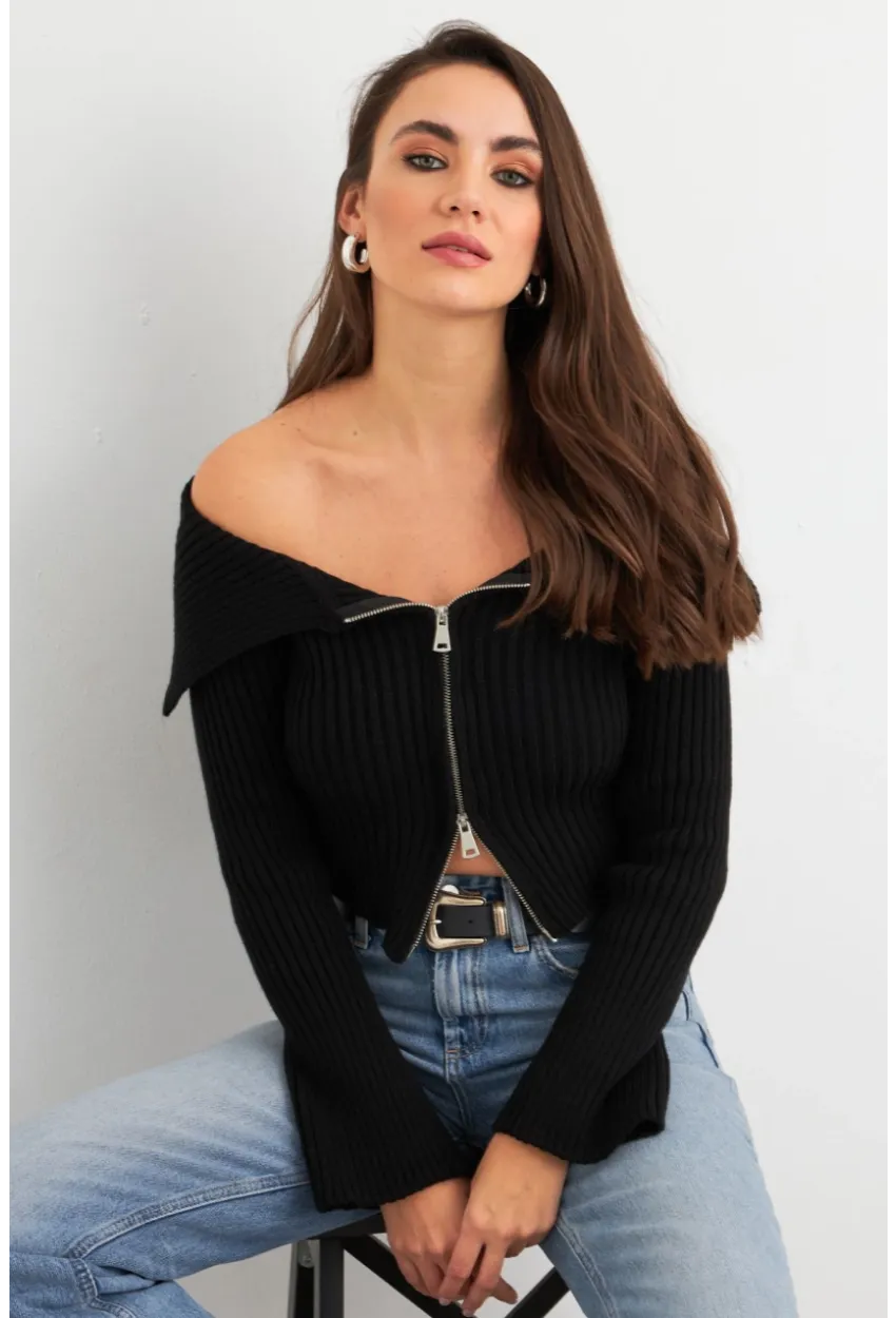 Kadın Siyah Devrik Yaka Kısa Hırka TEM103