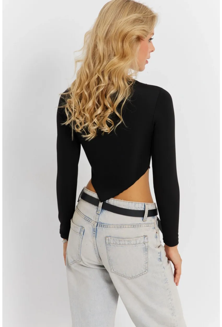 Kadın Siyah Dikişli Crop Bluz CG361