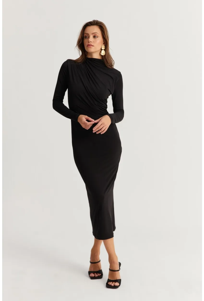 Kadın Siyah Drape Maxi Elbise DMR377