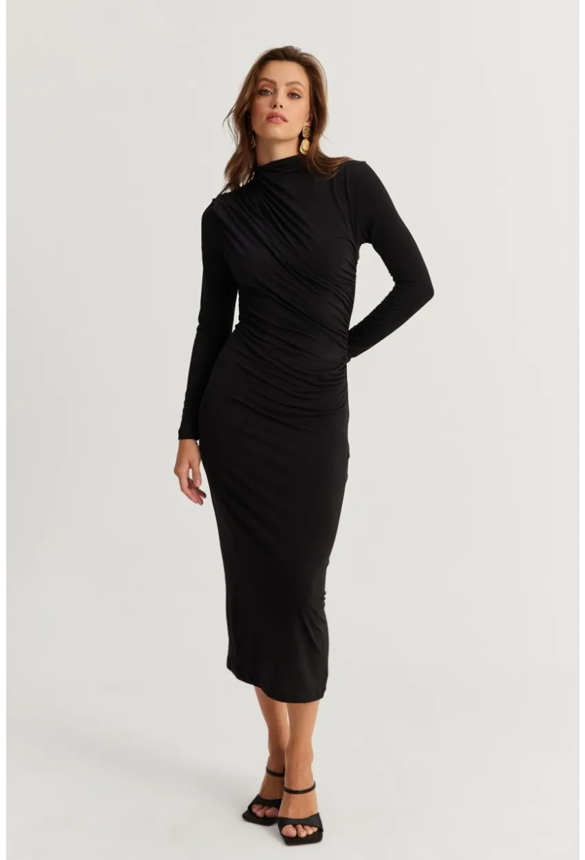 Kadın Siyah Drape Maxi Elbise DMR377