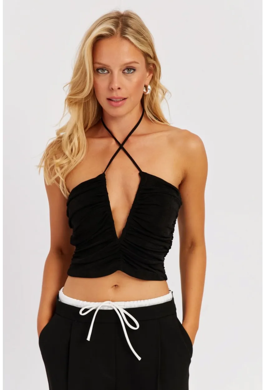 Kadın Siyah Drapeli Crop Bluz KED154