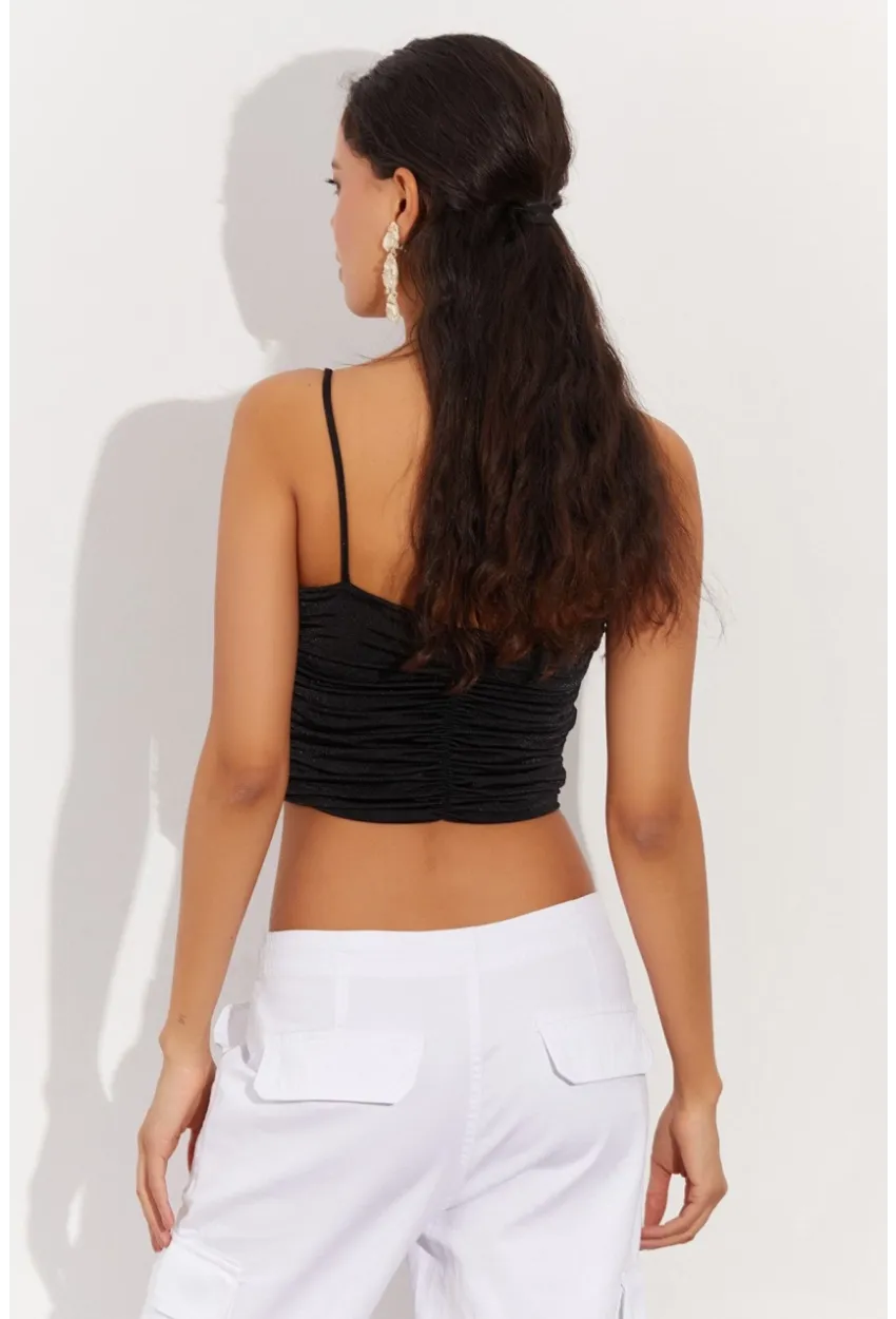 Kadın Siyah Drapeli Crop Bluz LPP1216