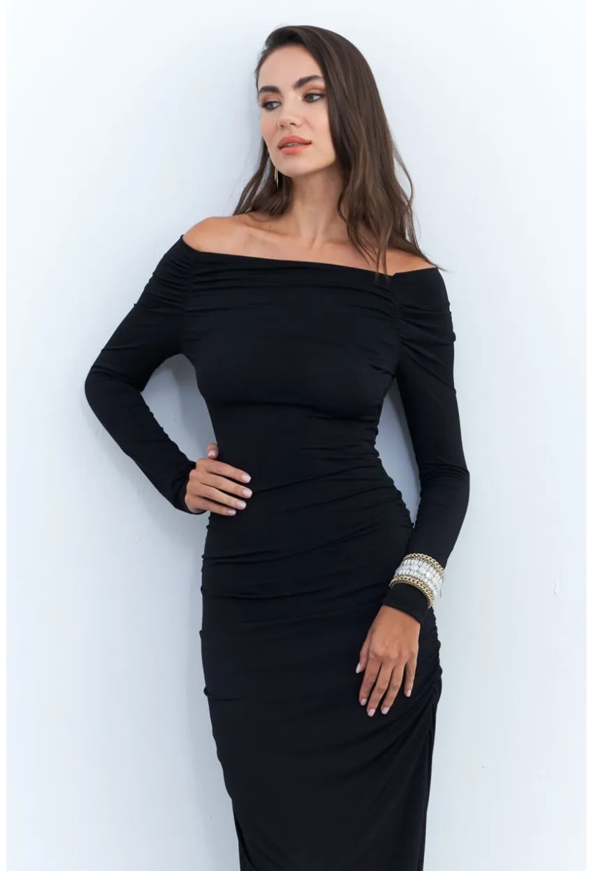 Kadın Siyah Drapeli Maxi Elbise SHR7