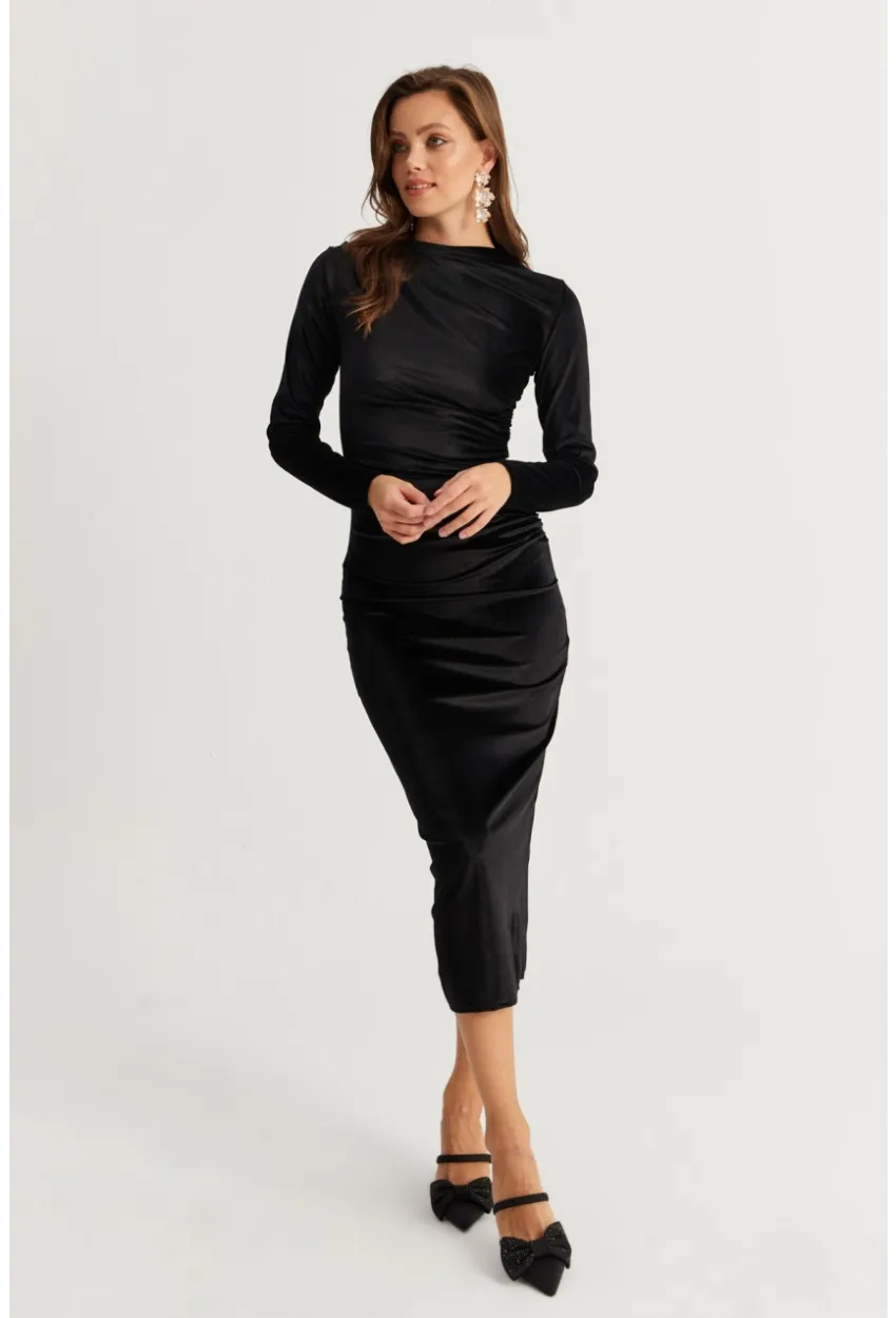 Kadın Siyah Drapeli Midi Elbise MON1113