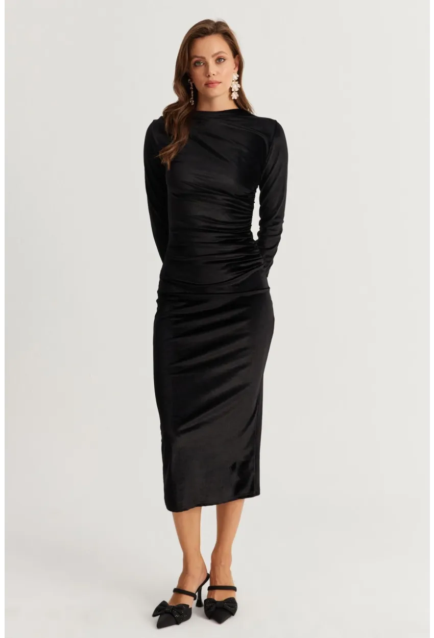 Kadın Siyah Drapeli Midi Elbise MON1113