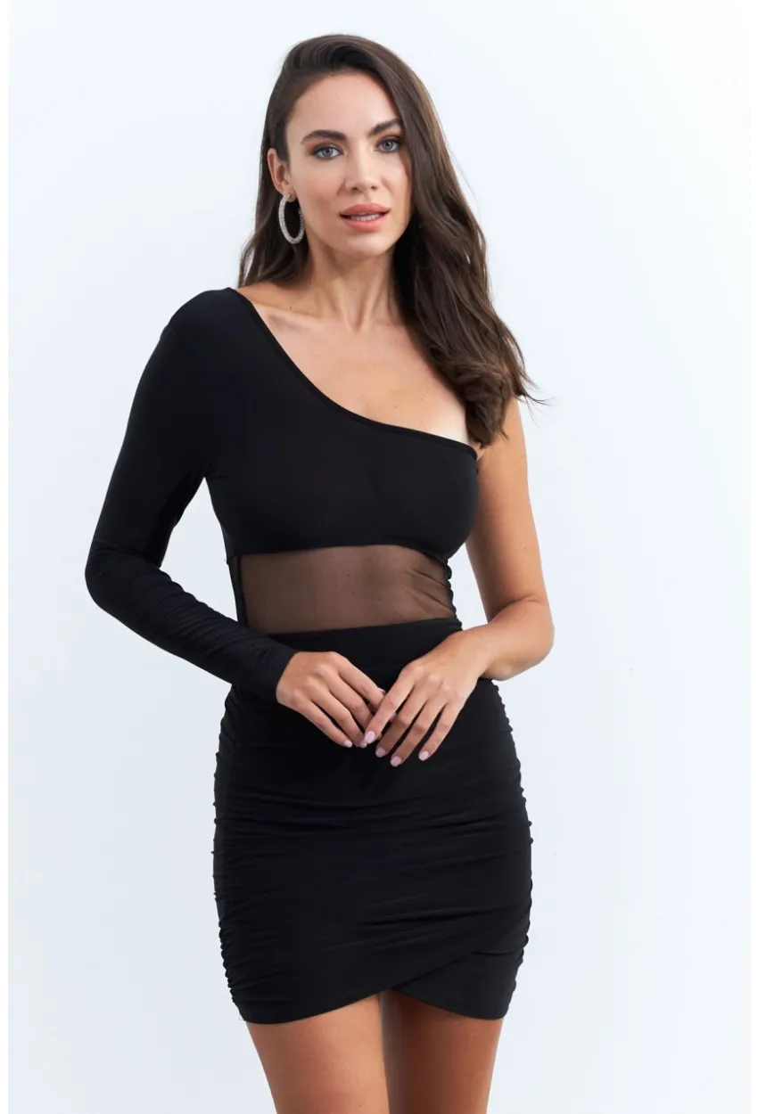 Kadın Siyah Drapeli Tül Detaylı Mini Yılbaşı Elbise ELT3850