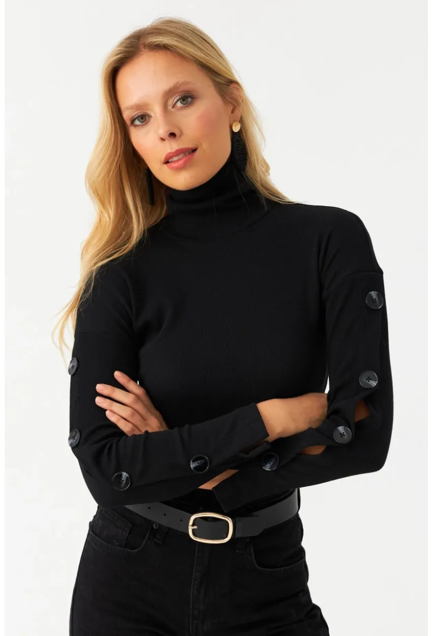 Kadın Siyah Düğme Aksesuarlı Balıkçı Kaşkorse Bluz EY2995