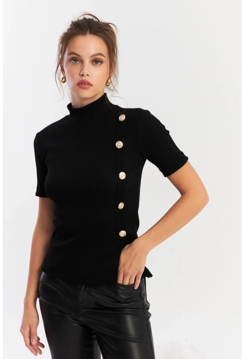 Kadın Siyah Düğme Aksesuarlı Bluz EY2926