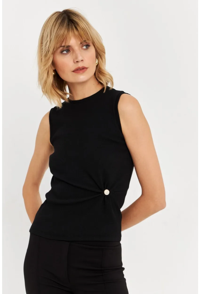 Kadın Siyah Düğme Aksesuarlı Büzgülü Bluz TF72