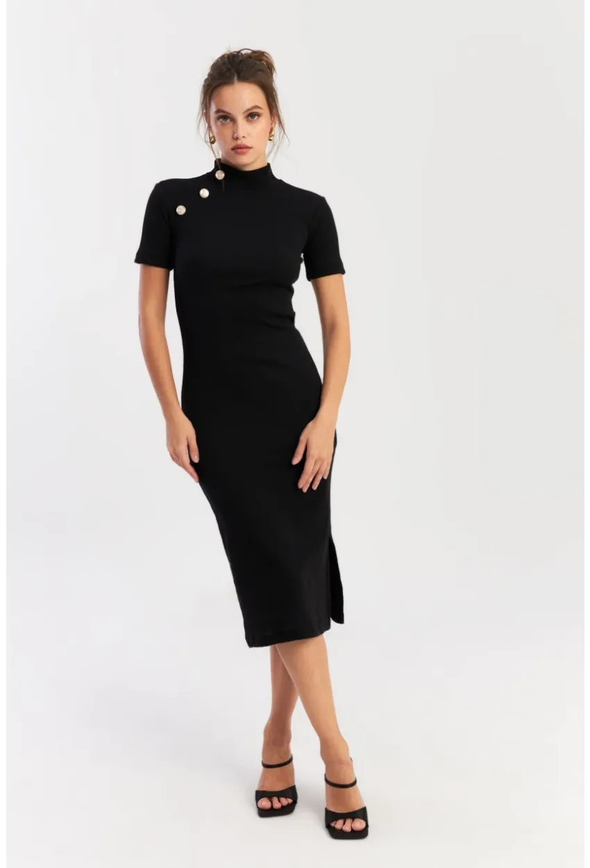 Kadın Siyah Düğme Aksesuarlı Kaşkorse Midi Elbise EY2931