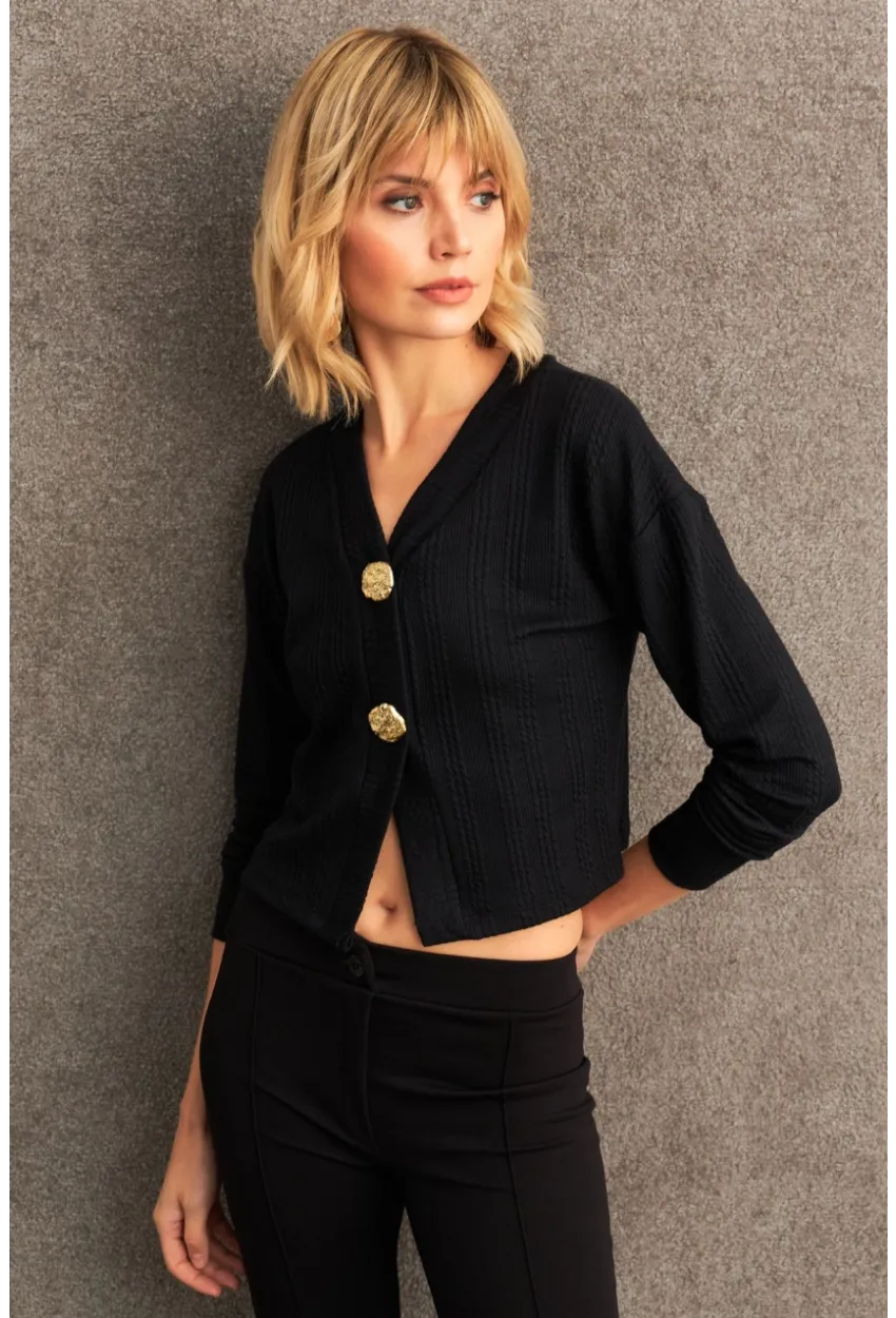 Kadın Siyah Düğme Detaylı Bluz TF57