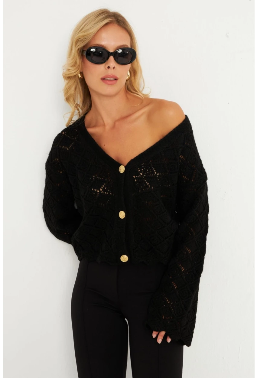 Kadın Siyah Düğme Detaylı Hırka YV276