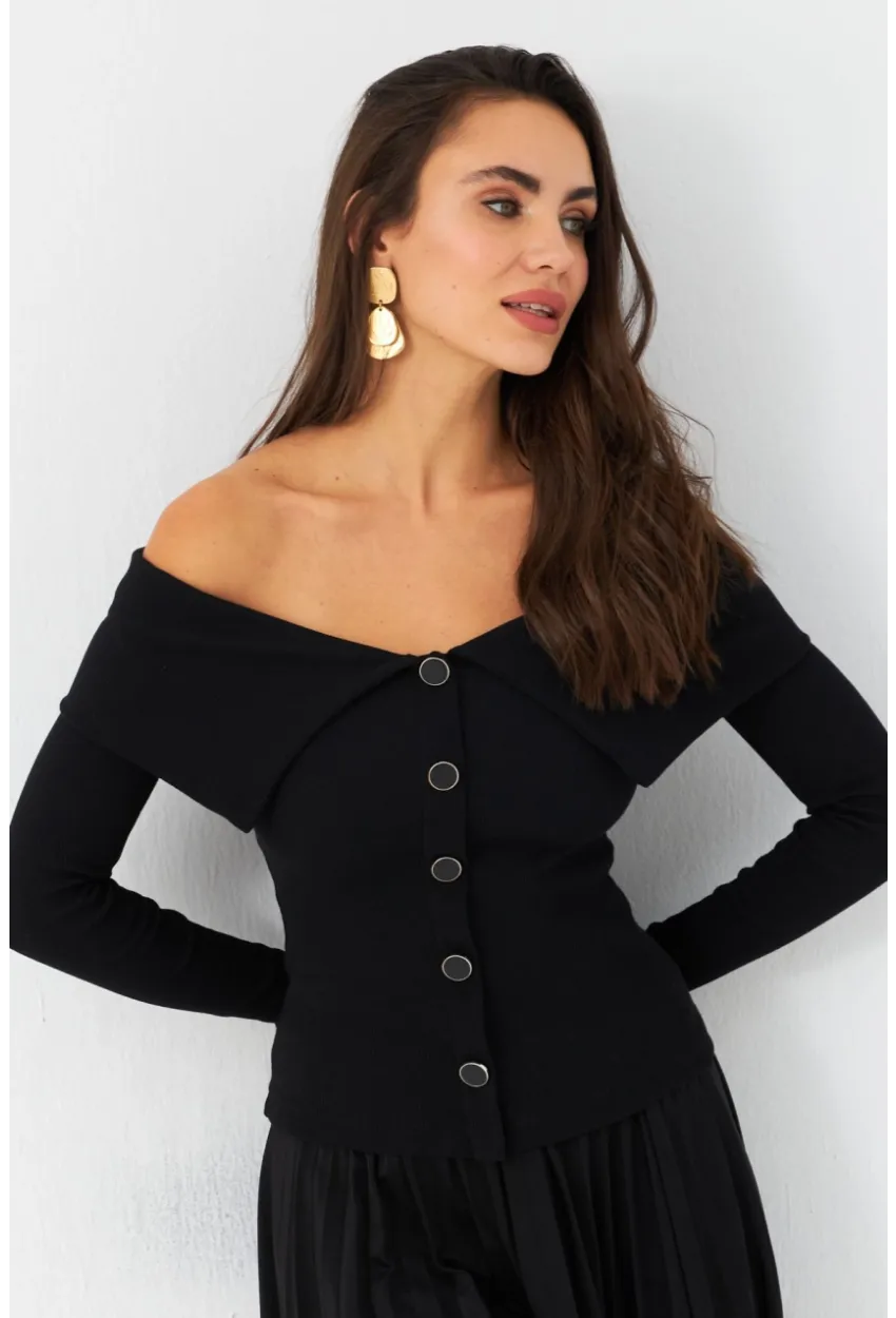 Kadın Siyah Düğme Detaylı Kaşkorse Bluz EY2985
