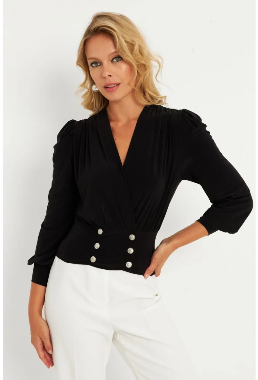 Kadın Siyah Düğme Detaylı Kruvaze Bluz ELT3188