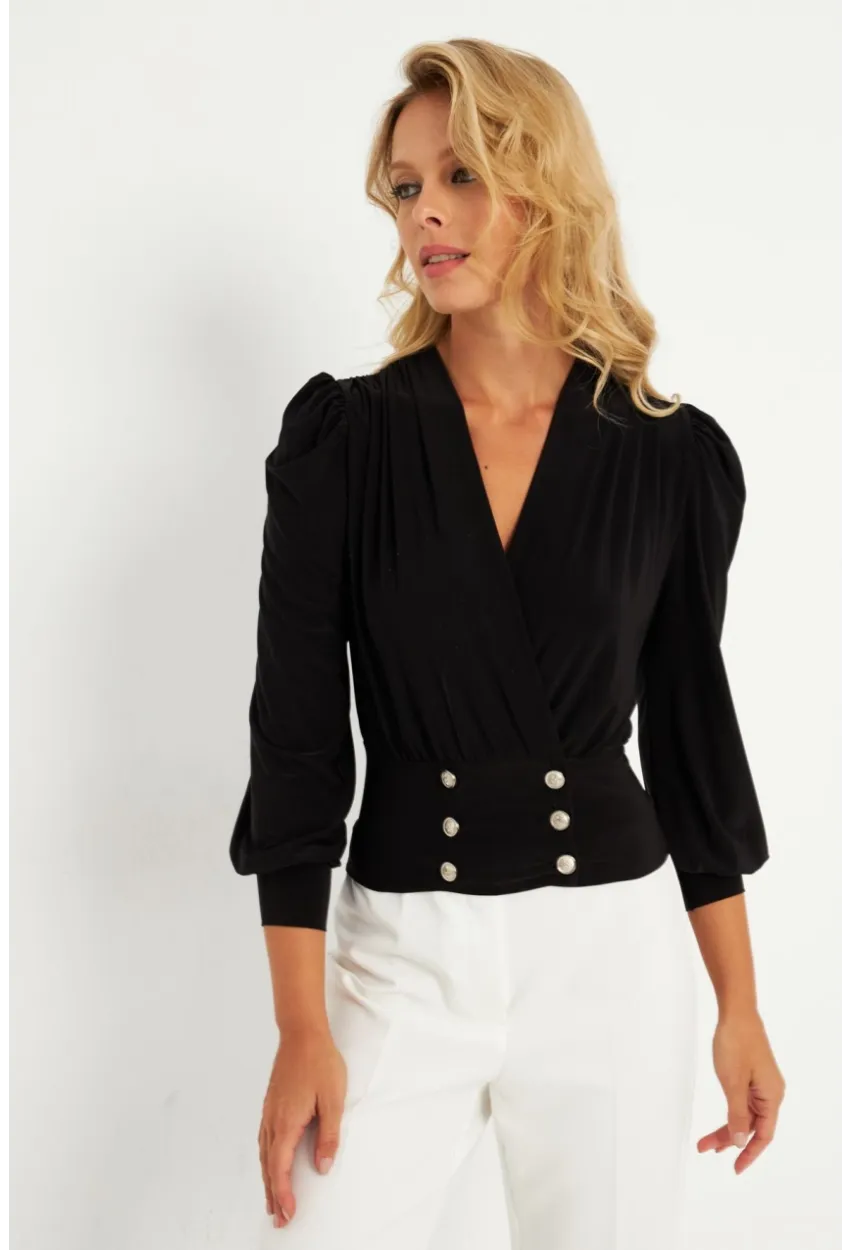 Kadın Siyah Düğme Detaylı Kruvaze Bluz ELT3188