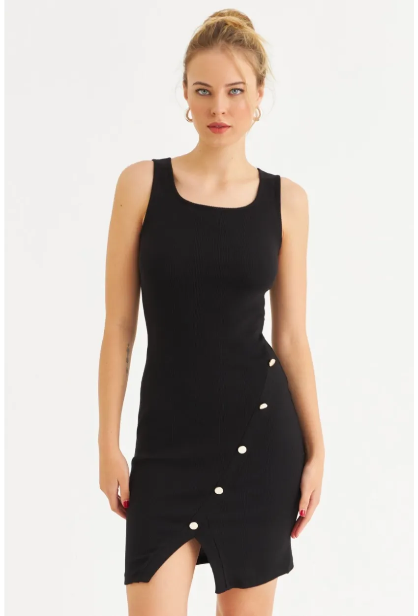 Kadın Siyah Düğme Detaylı Midi Elbise URO1111