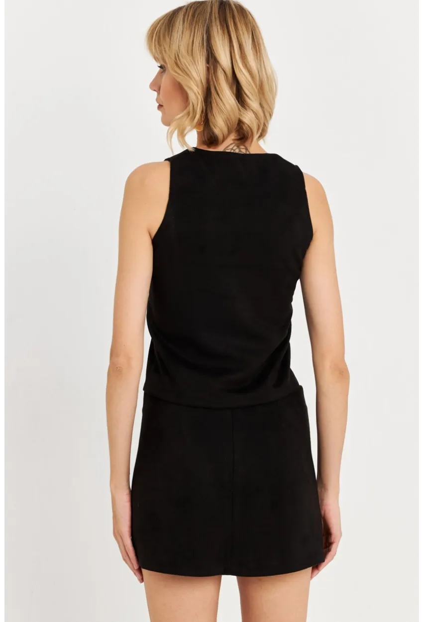 Kadın Siyah Düğme Detaylı Süet Bluz KED7113