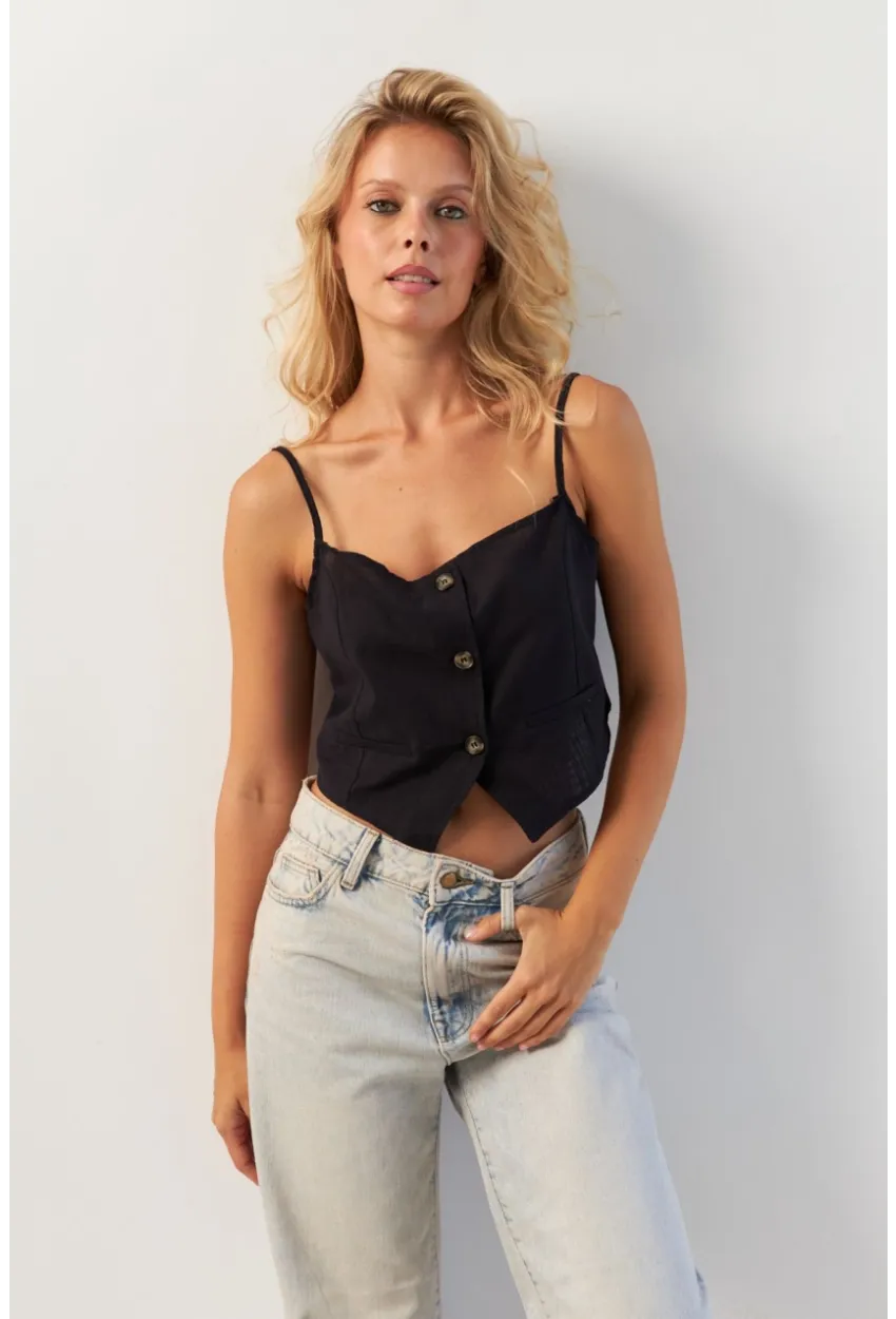 Kadın Siyah Düğmeli İp Askılı Yelek MP20153