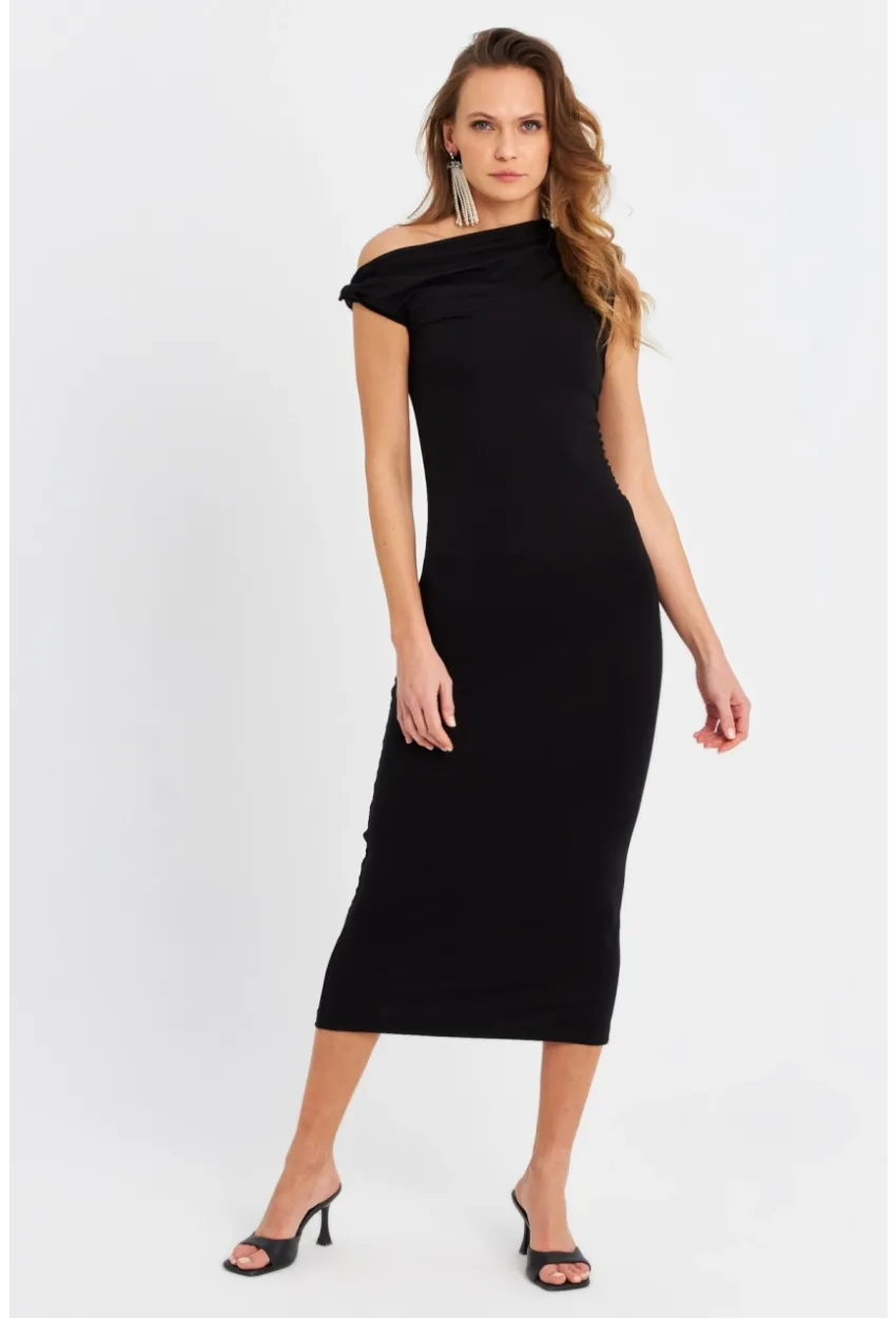 Kadın Siyah Düğümlü Midi Elbise EY3069