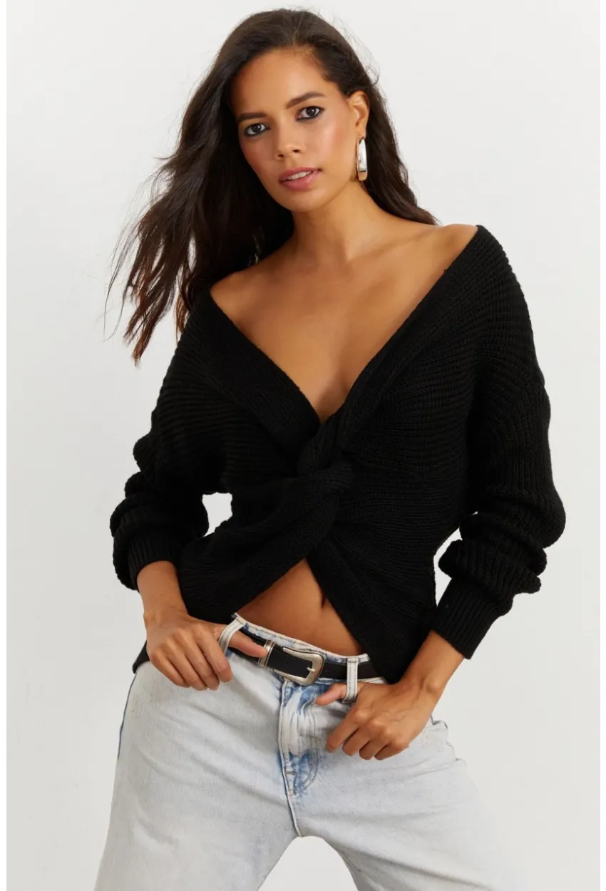 Kadın Siyah Düğümlü Triko Bluz MSS118