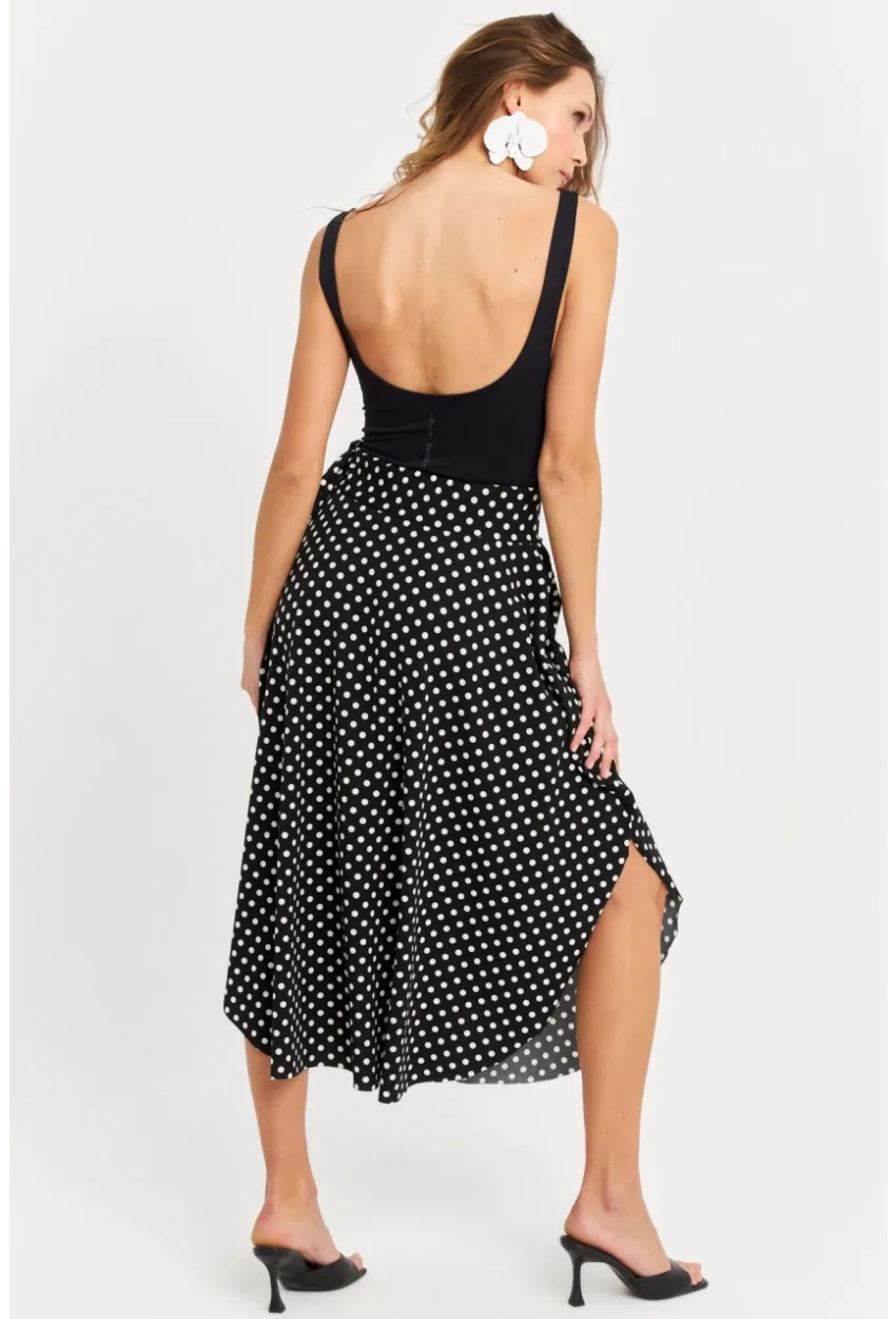 Kadın Siyah-Ekru Asimetrik Puantiyeli Etek LV81