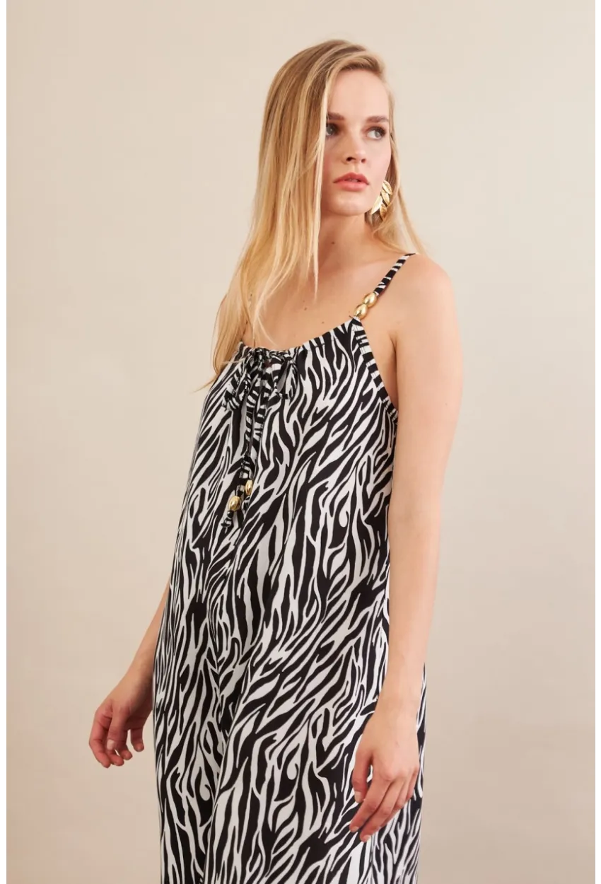 Kadın Siyah-Ekru Boyun Bağlamalı Midi Elbise AN6005