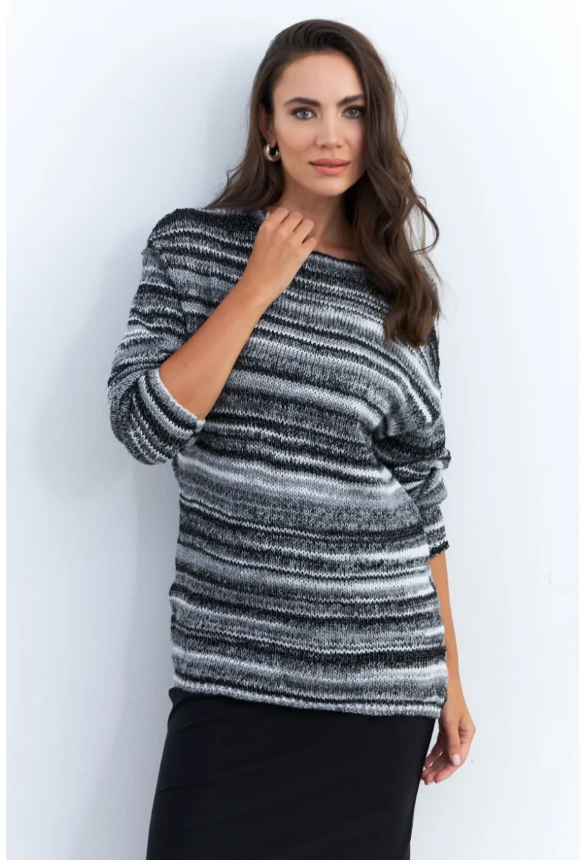 Kadın Siyah-Ekru Çizgili Kazak KAZ28