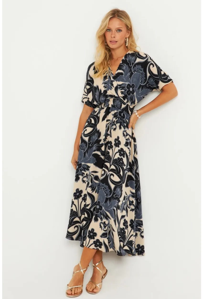 Kadın Siyah-Ekru Desenli Gipeli Midi Elbise YZ1055