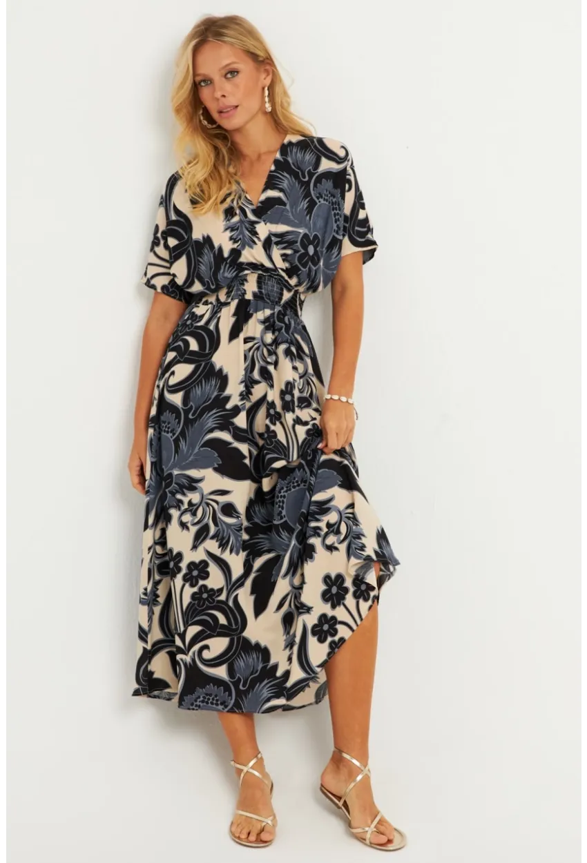 Kadın Siyah-Ekru Desenli Gipeli Midi Elbise YZ1055