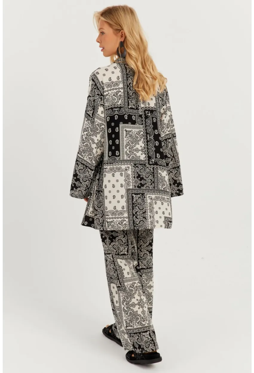 Kadın Siyah-Ekru Desenli Kimono Takım GÇ156