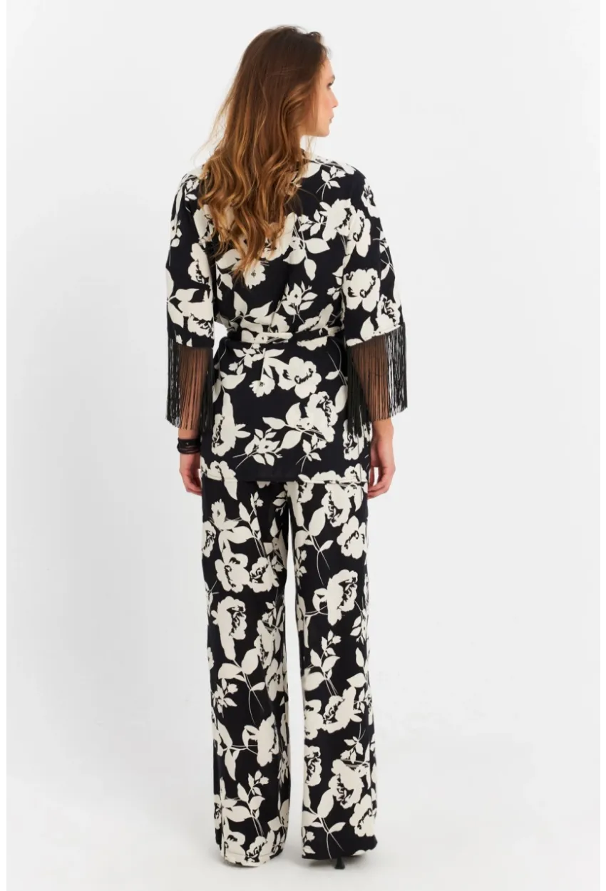 Kadın Siyah-Ekru Desenli Kimono Takım MELT1031