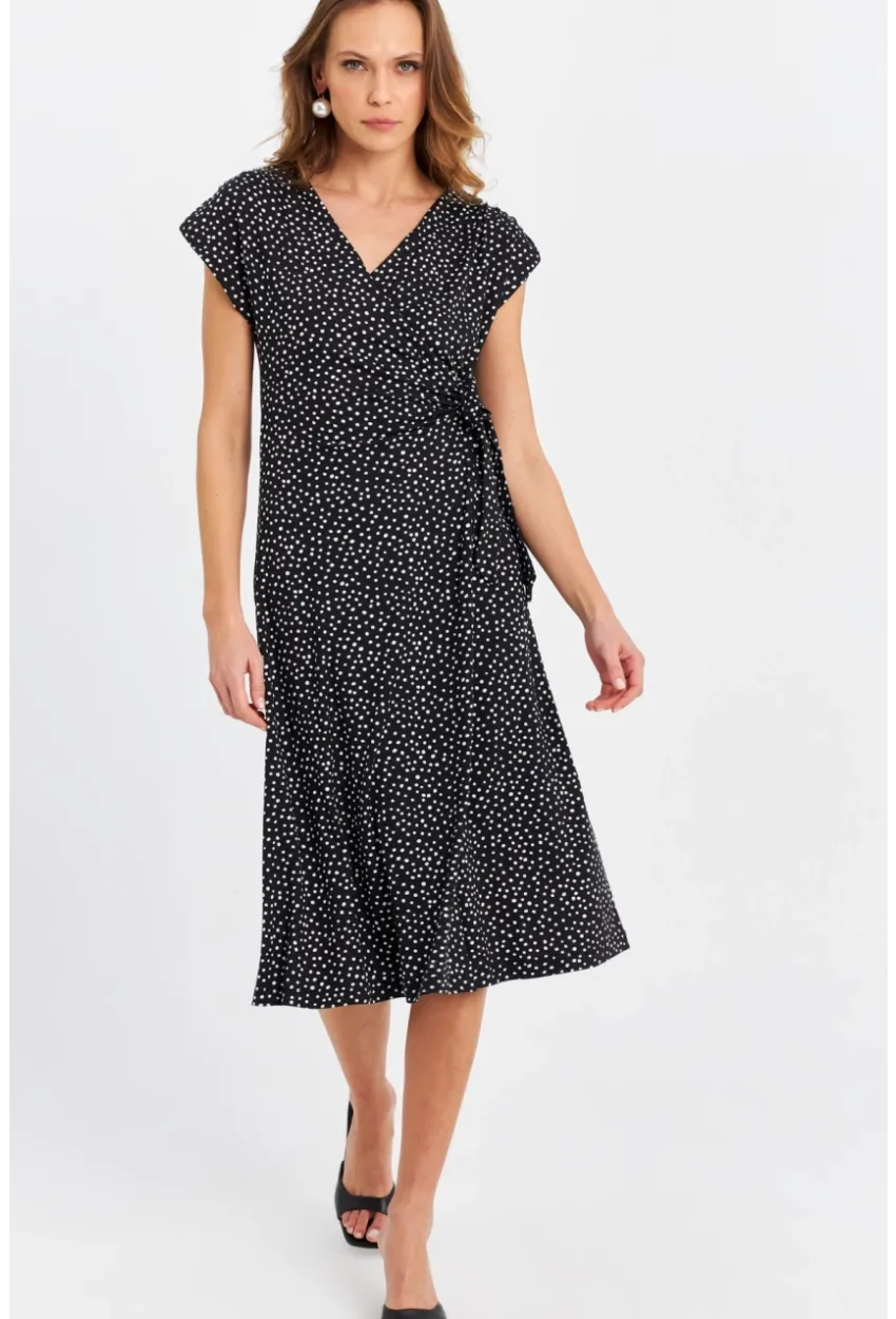 Kadın Siyah-Ekru Kruvaze Puantiyeli Midi Elbise EY3071