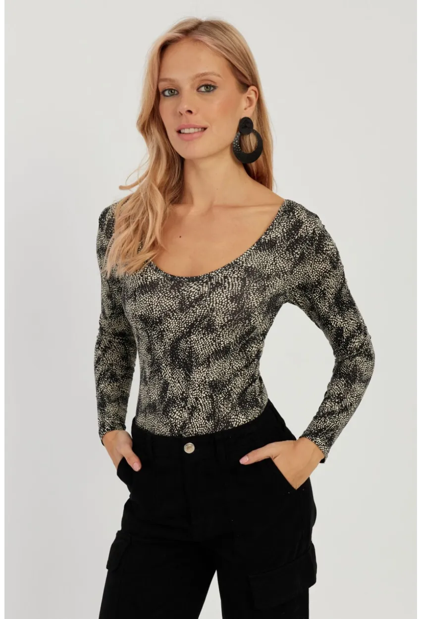 Kadın Siyah-Ekru Ön Arka U Desenli Bluz LPP1266